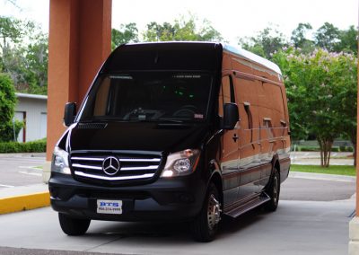 A sleek black van parked in front of a building, framed by vibrant green trees in the background